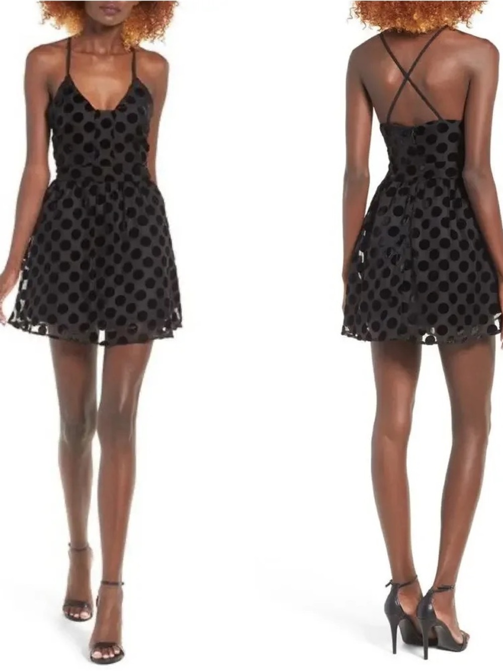 J.O.A. Black Velvet Polka Dot Fit & Flare Mini Dress - S
